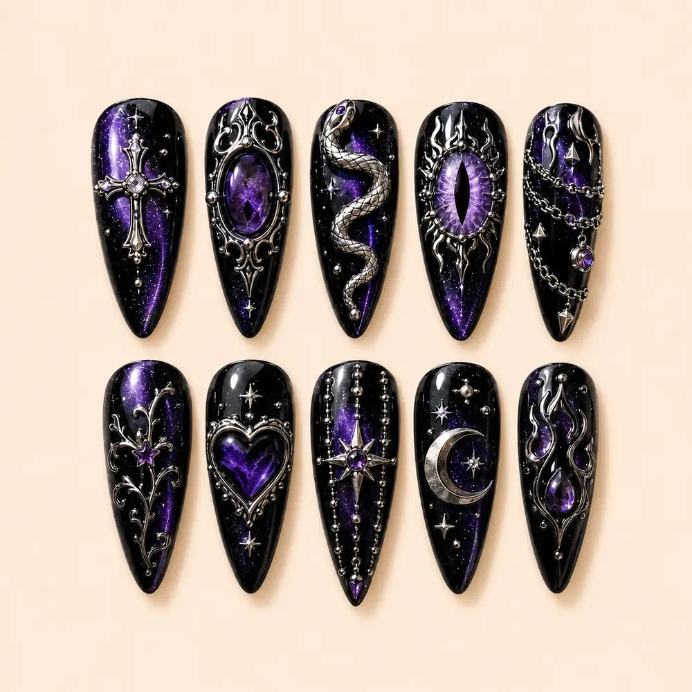Midnight Serpent & Moon 3D Rhinestone Press On Nails — image 1