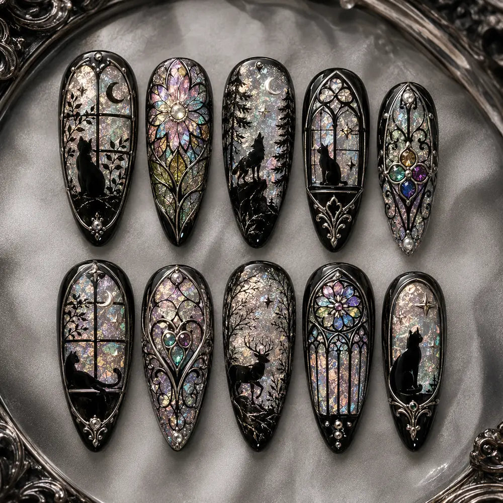 Midnight Stained Glass Cat Celestial Press On Nails — image 2