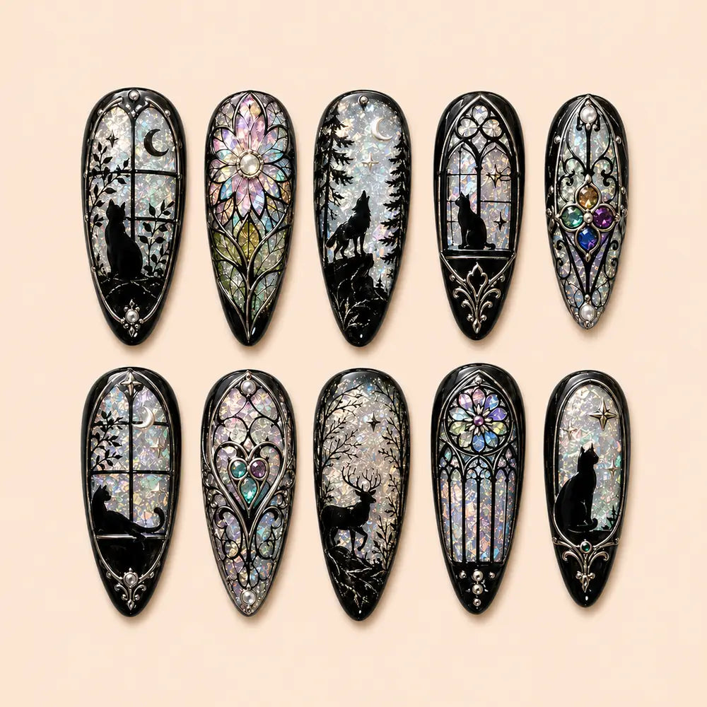 Midnight Stained Glass Cat Celestial Press On Nails — image 1