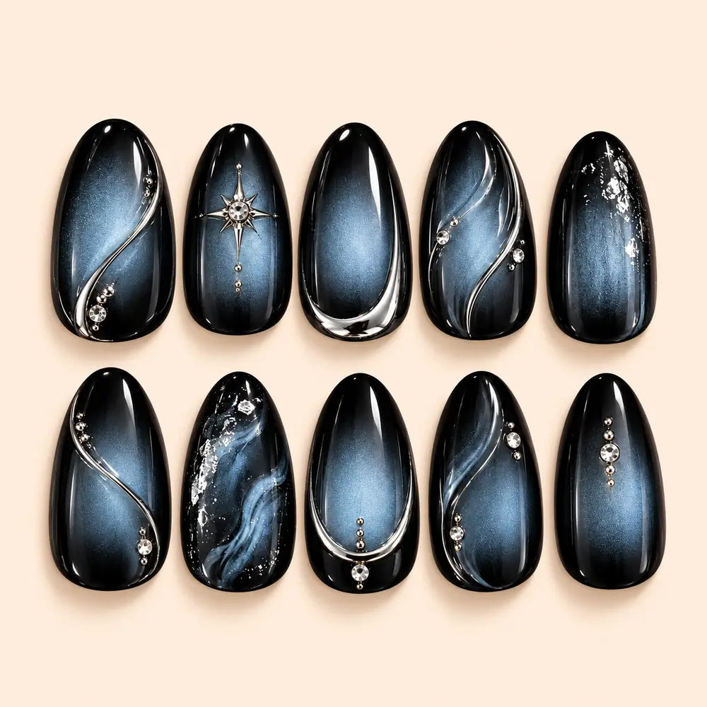 Midnight Star Cat Eye Rhinestone Press On Nails — image 1