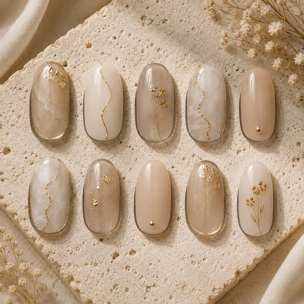 Minimalist Botanical Marble Gold Foil Press On Nails