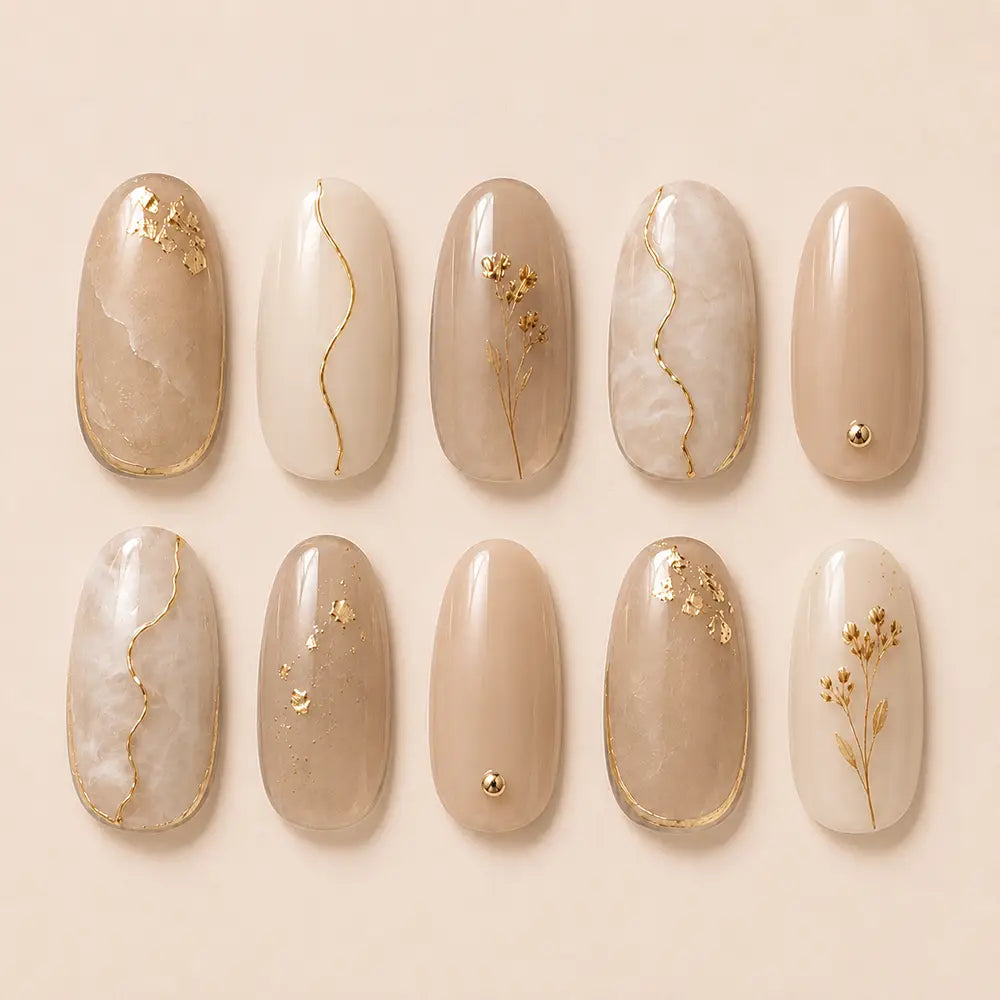 Minimalist Botanical Marble Gold Foil Press On Nails