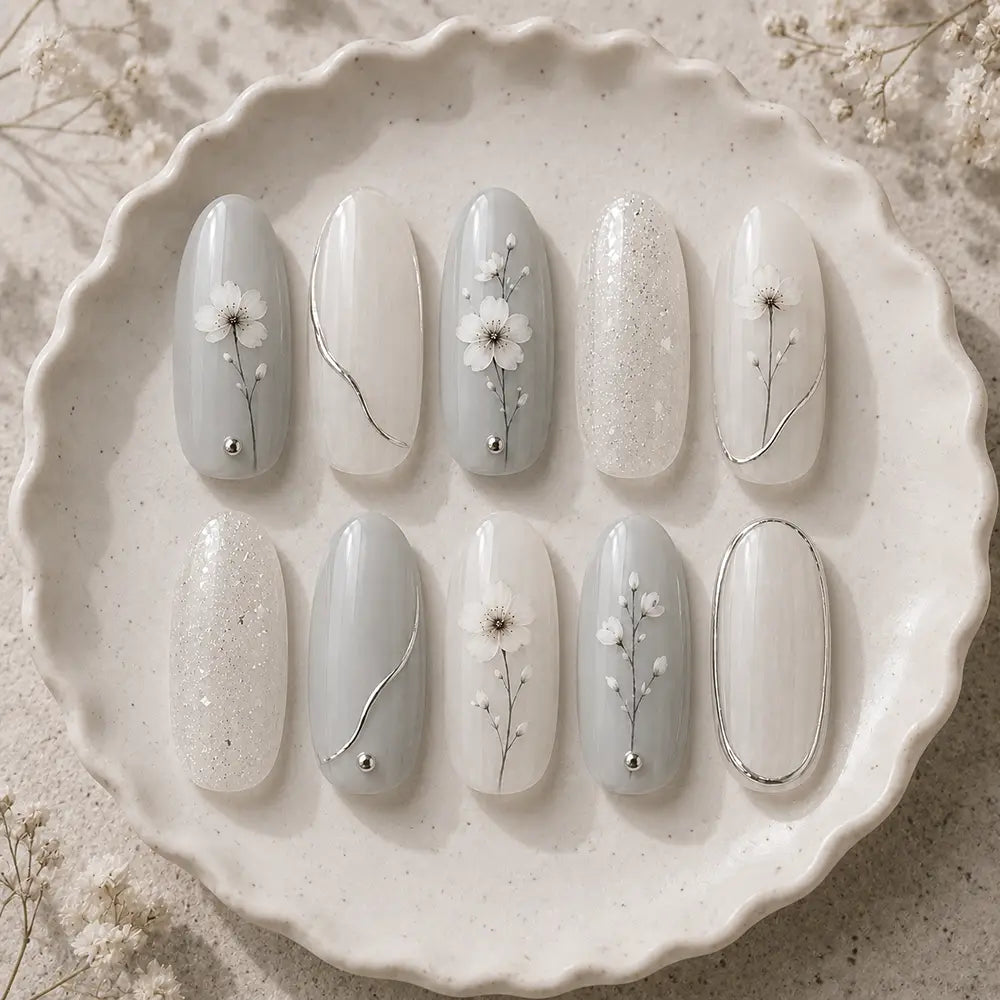 Minimalist Cherry Blossom Silver Outline Press On Nails