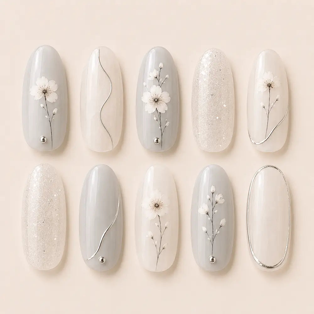 Minimalist Cherry Blossom Silver Outline Press On Nails