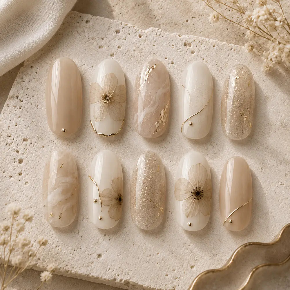 Minimalist Floral Marble Gold Foil Press On Nails