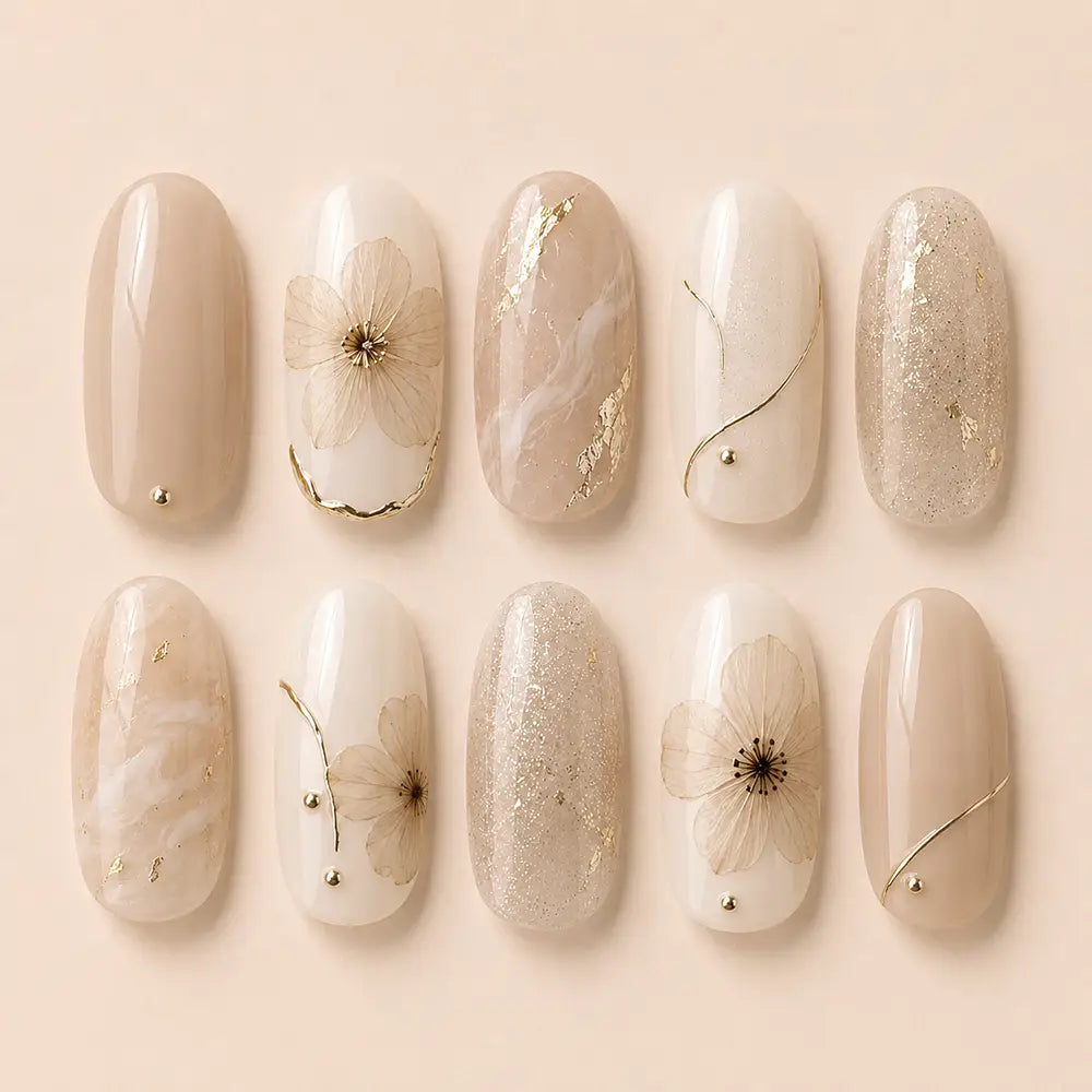 Minimalist Floral Marble Gold Foil Press On Nails