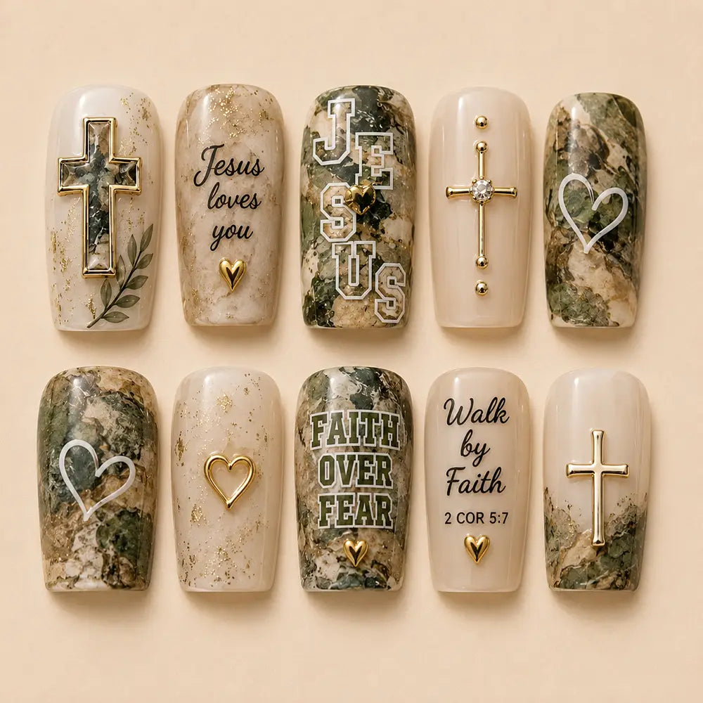 Minimalist Sunday Worship Cross Marble Press On Nails