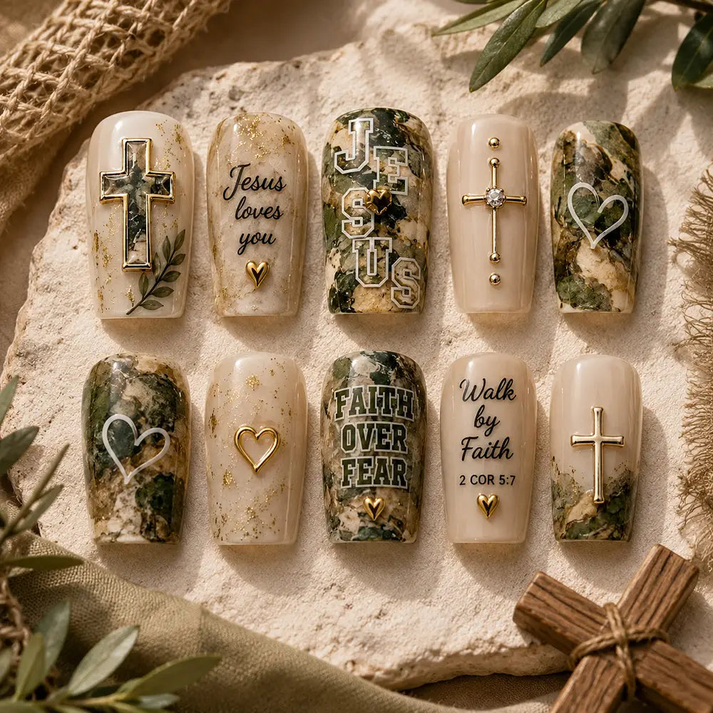 Minimalist Sunday Worship Cross Marble Press On Nails