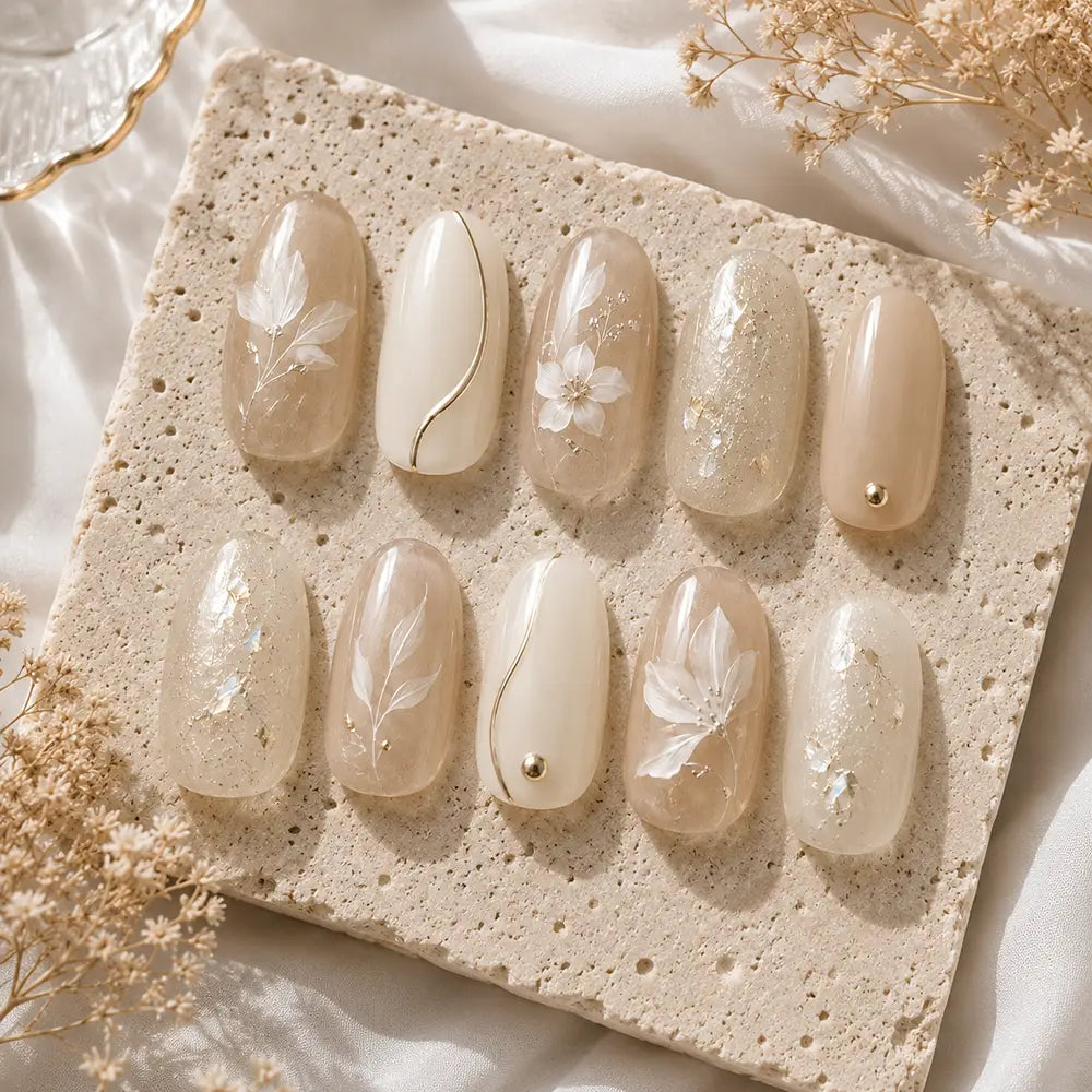 Minimalist Wedding Botanical Pearl Shimmer Press On Nails