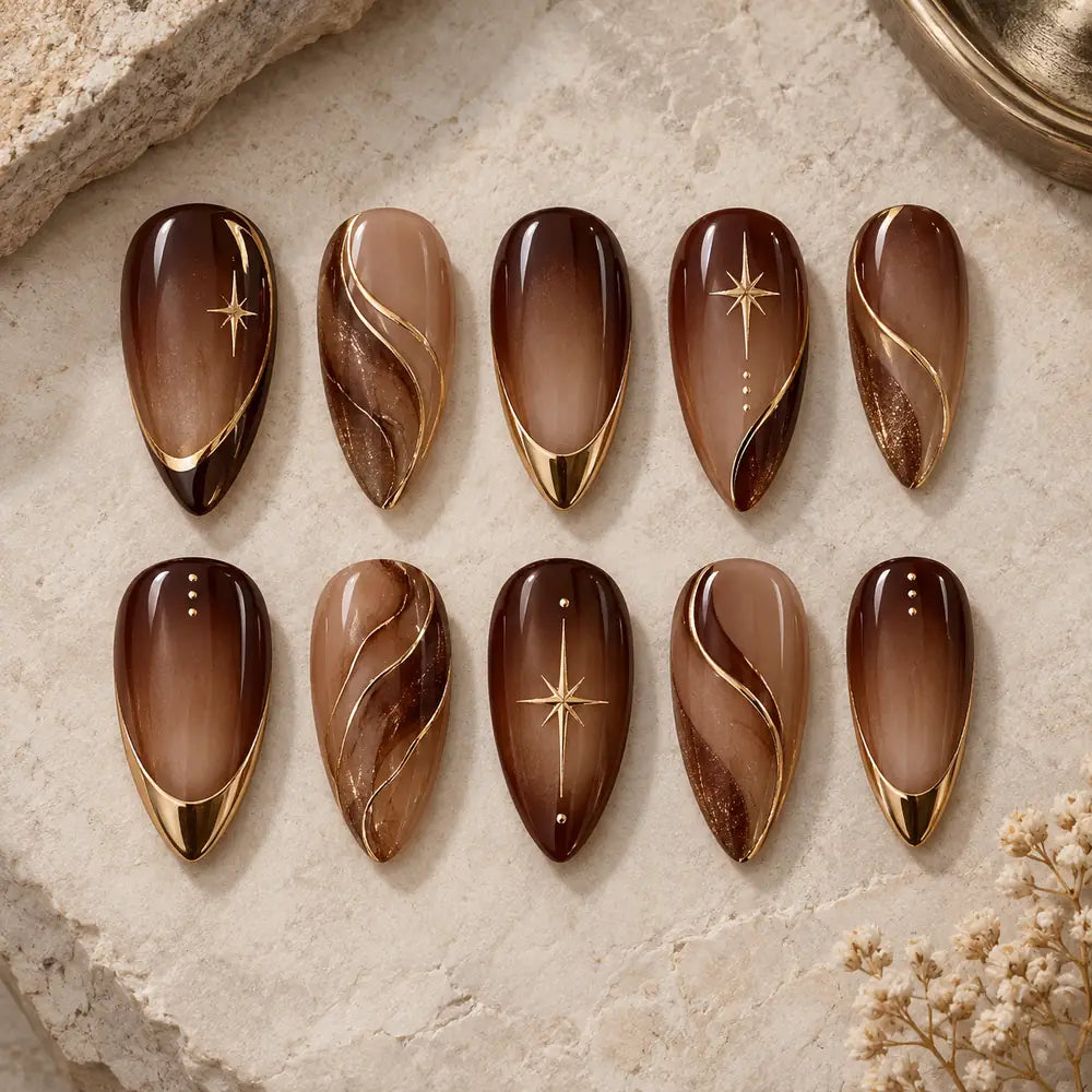 Mocha Celestial Star Chrome Ombre Press On Nails — image 2