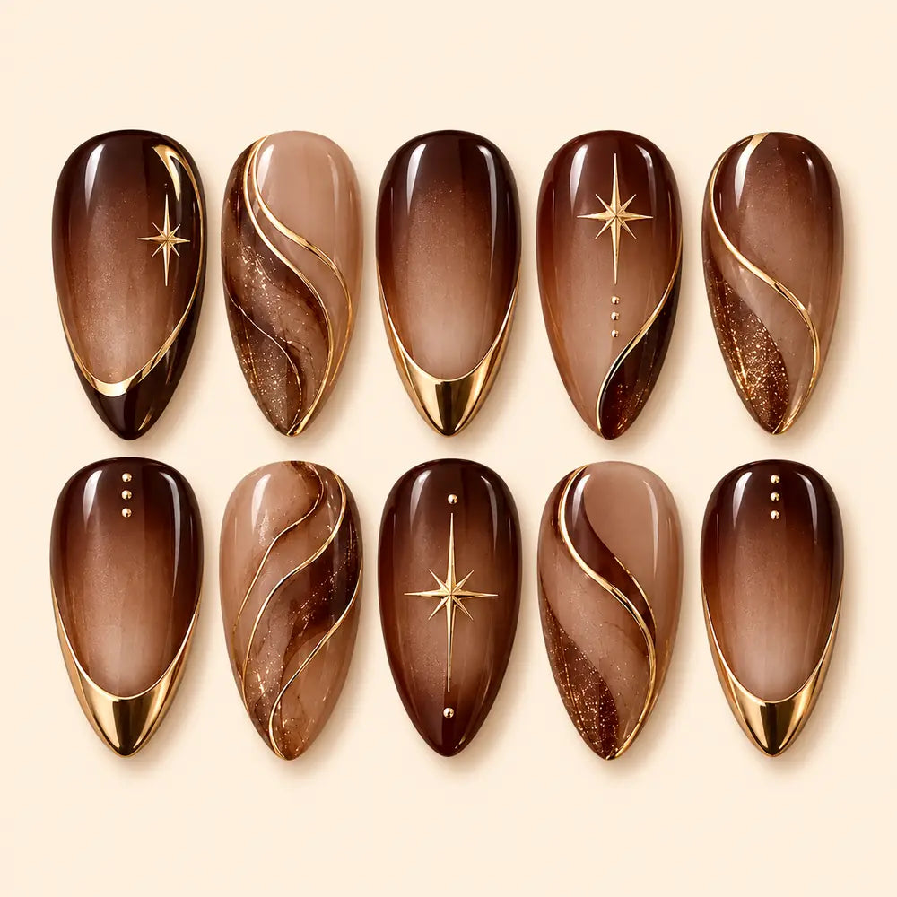 Mocha Celestial Star Chrome Ombre Press On Nails — image 1