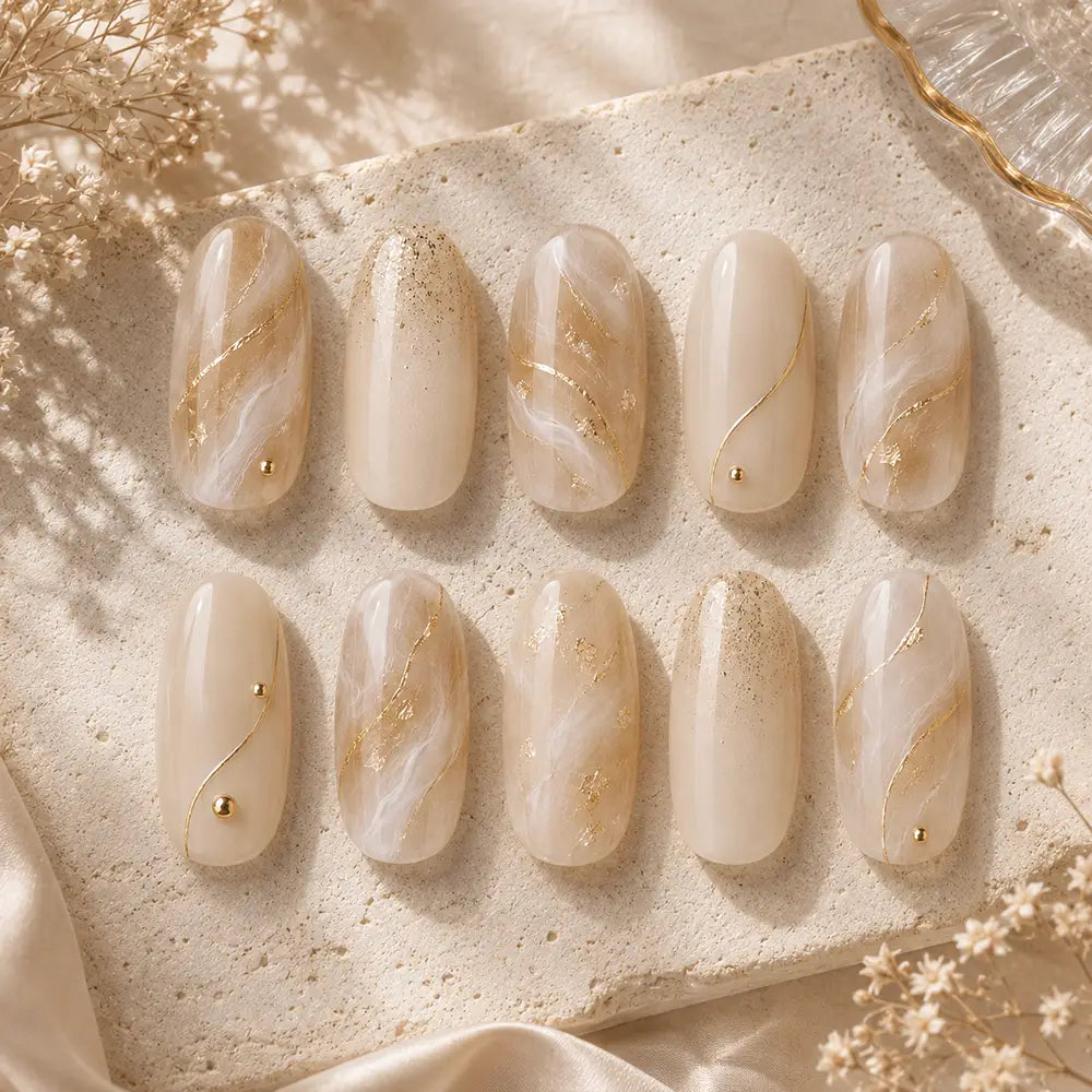 Modern Pearl Marble Gold Accent Press On Nails
