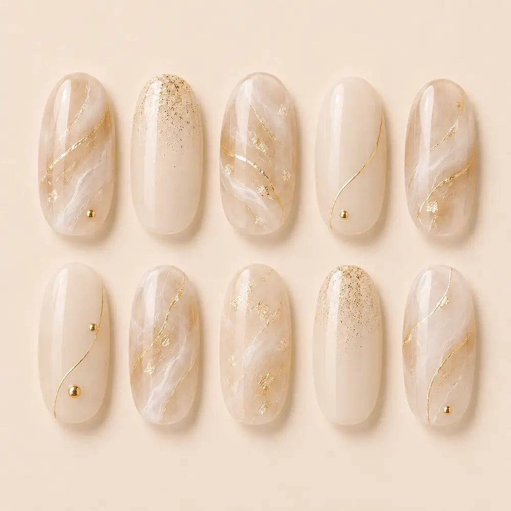 Modern Pearl Marble Gold Accent Press On Nails