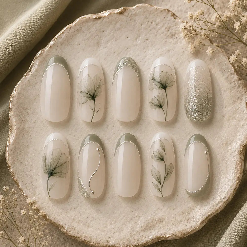Modern Wedding Sheer Bloom French Press On Nails