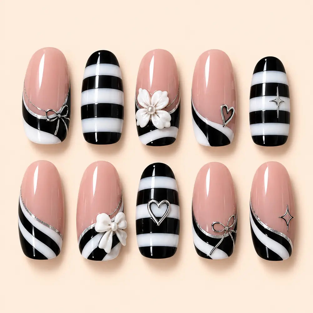Monochrome Bow & Heart French Press On Nails — image 1