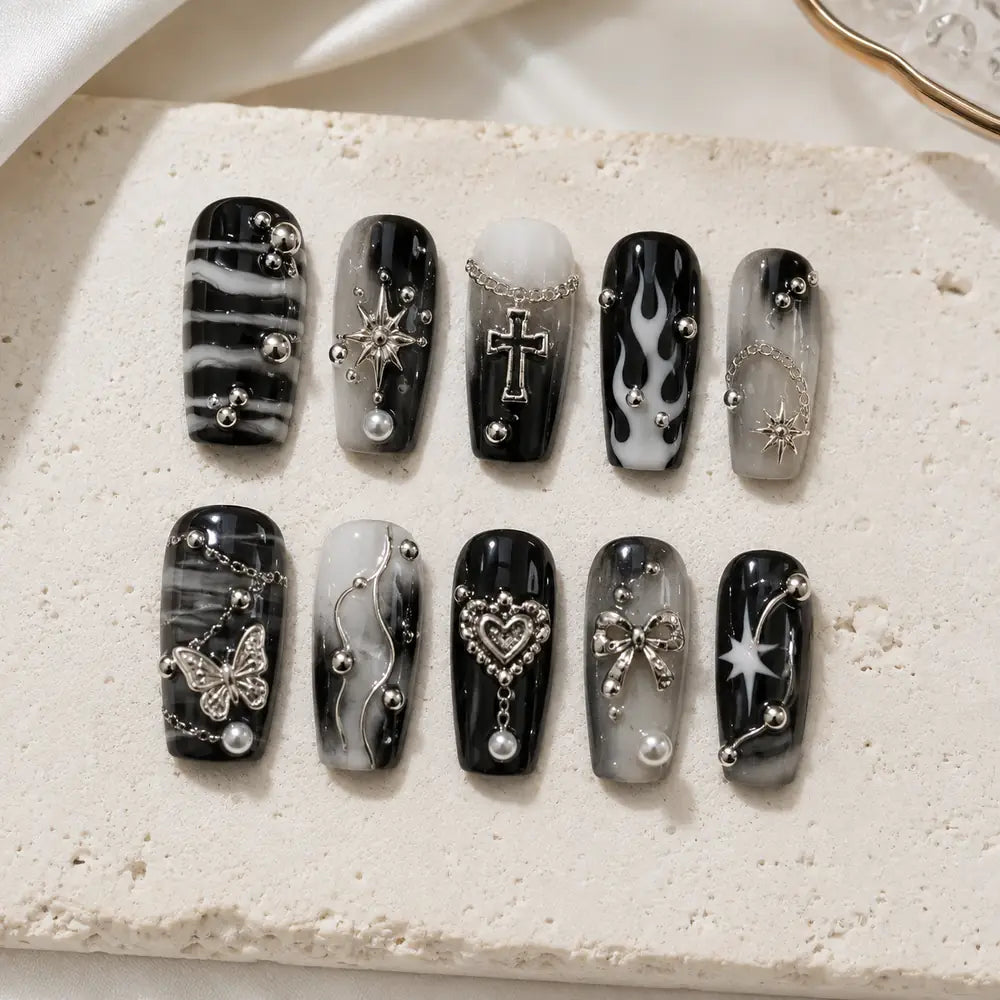Monochrome Celestial Charm Coffin Press On Nails — image 2