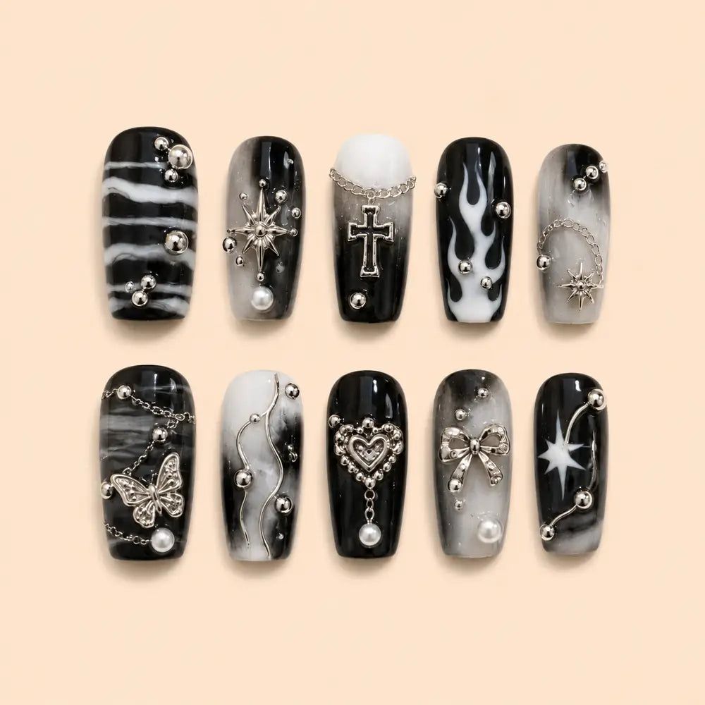 Monochrome Celestial Charm Coffin Press On Nails — image 1