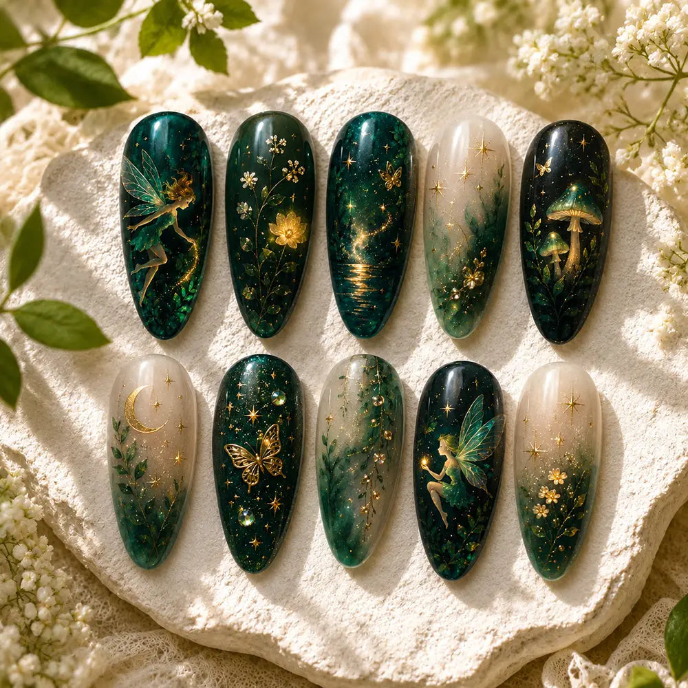 Moonlit Fairy & Butterfly Gold Foil Ombre Press On Nails