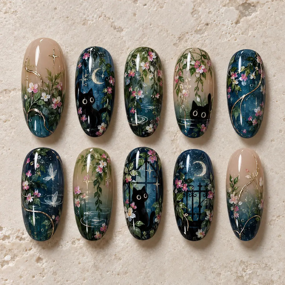 Moonlit Garden Black Cat Press On Nails — image 2