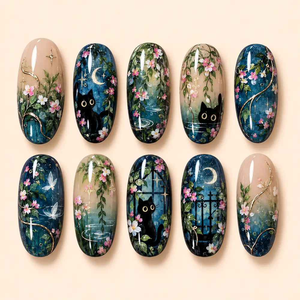 Moonlit Garden Black Cat Press On Nails — image 1