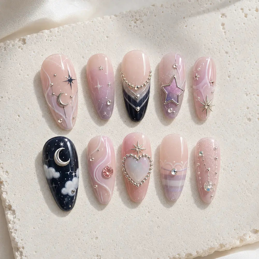 Moonlit Pink Celestial Rhinestone Press On Nails — image 2