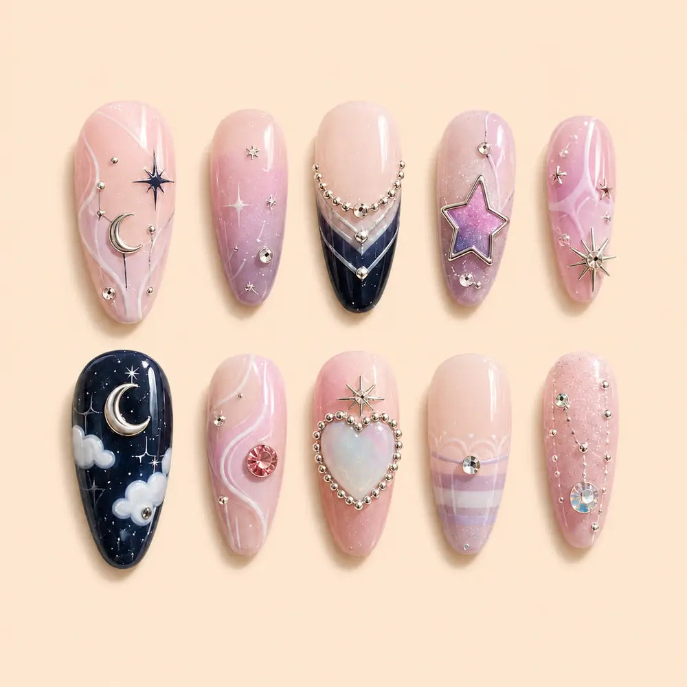 Moonlit Pink Celestial Rhinestone Press On Nails — image 1