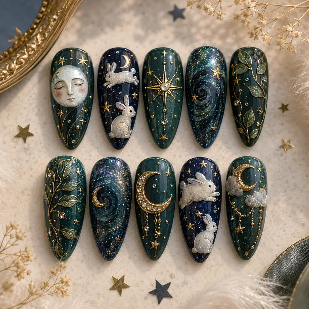 Moonlit Rabbit Galaxy 3D Press On Nails — image 2