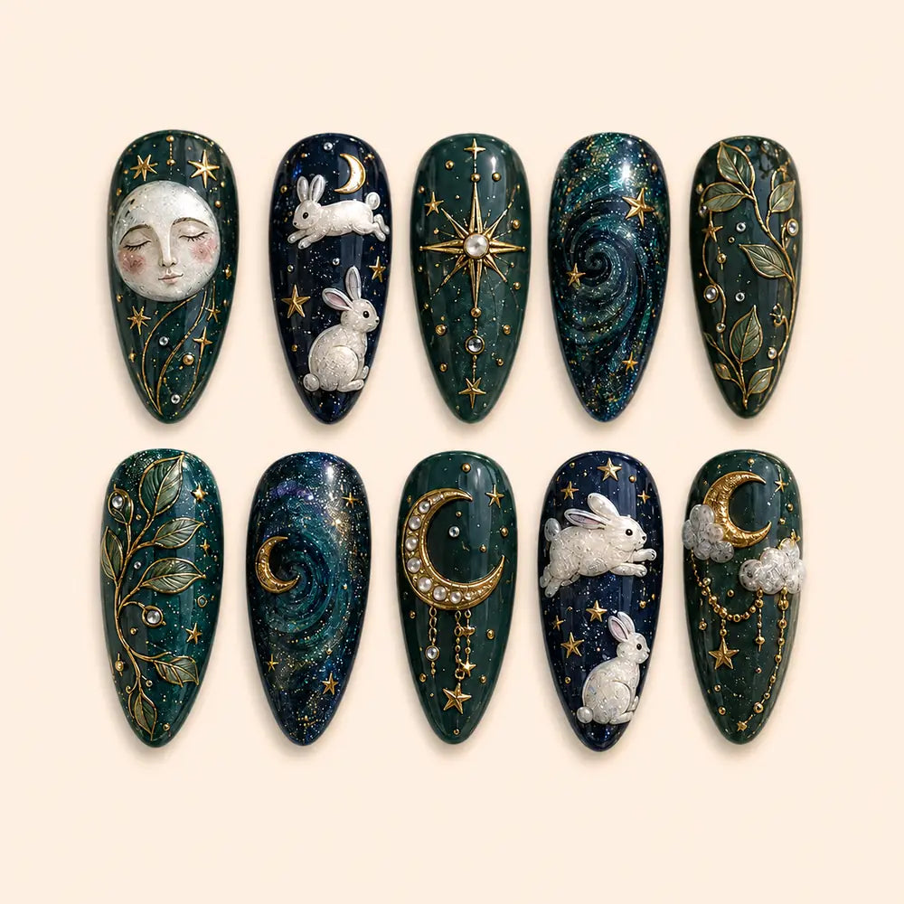 Moonlit Rabbit Galaxy 3D Press On Nails — image 1