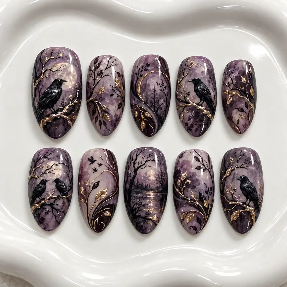 Moonlit Raven Forest Marble Press On Nails — image 2