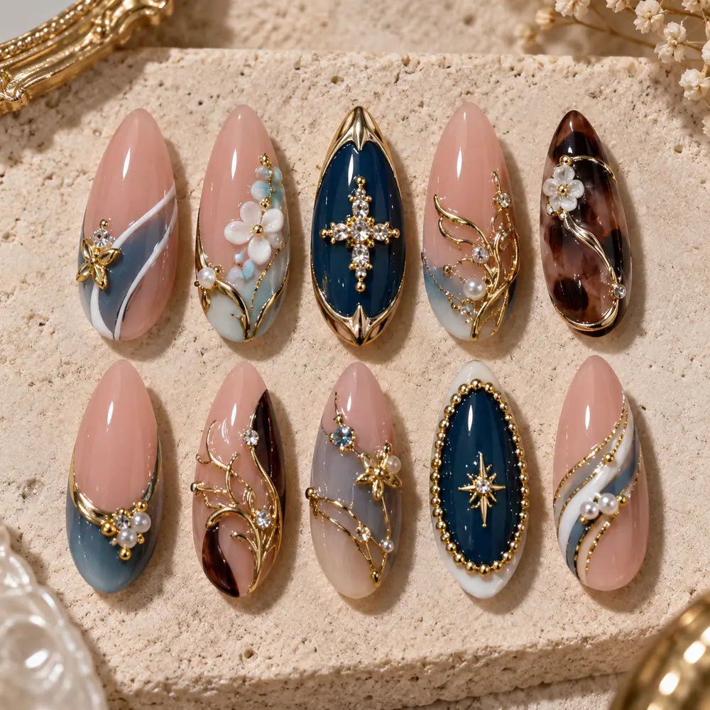 Navy Botanical Jewel Floral Press On Nails — image 2
