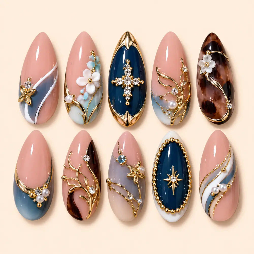 Navy Botanical Jewel Floral Press On Nails — image 1