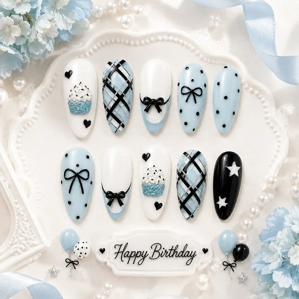Neon Birthday Balloon & Cake Glow Press On Nails