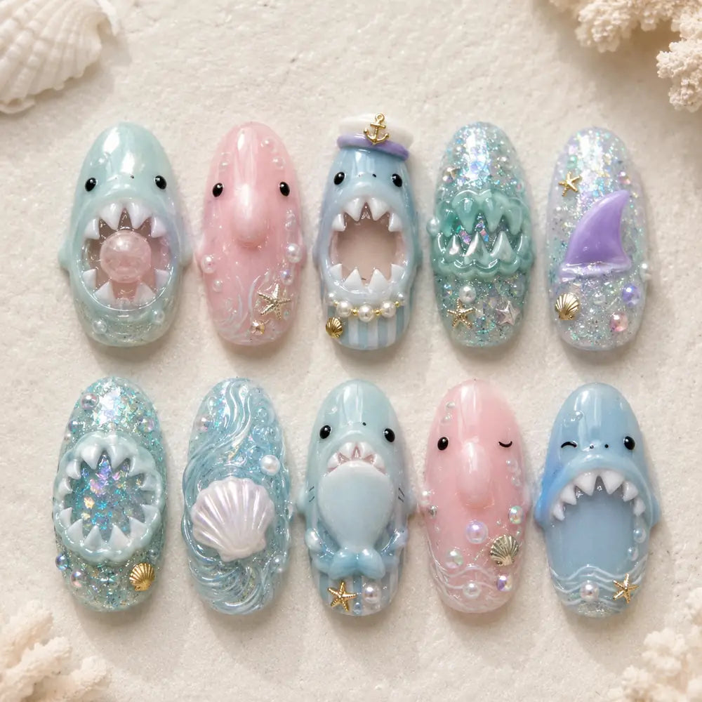 Ocean & Beach Shark Seashell 3D Glitter Press On Nails — image 2