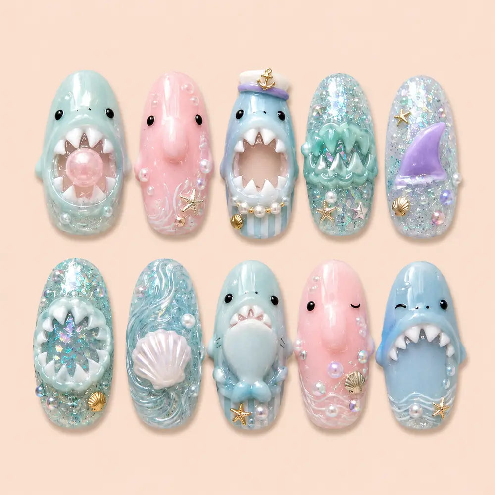 Ocean & Beach Shark Seashell 3D Glitter Press On Nails — image 1