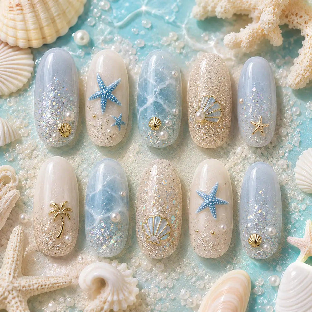 Ocean & Beach Summer Seashell Glitter Press On Nails