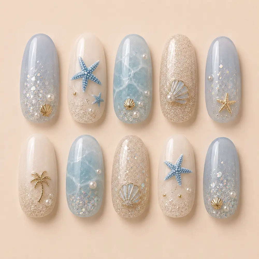 Ocean & Beach Summer Seashell Glitter Press On Nails