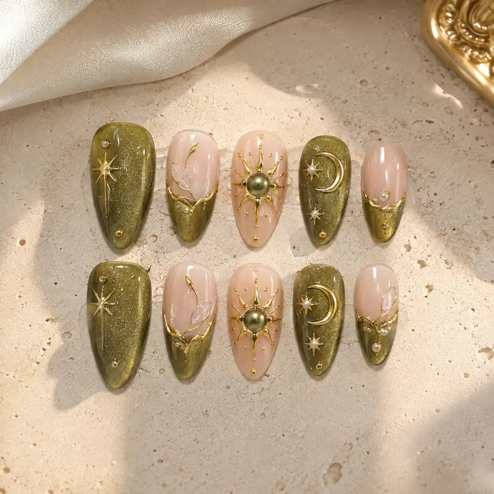 Olive Sun & Moon 3D Glitter Press On Nails — image 2