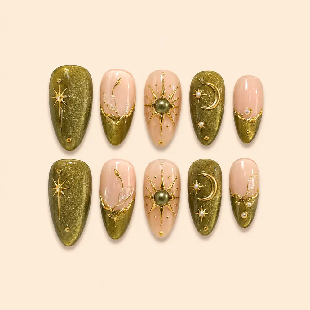 Olive Sun & Moon 3D Glitter Press On Nails — image 1
