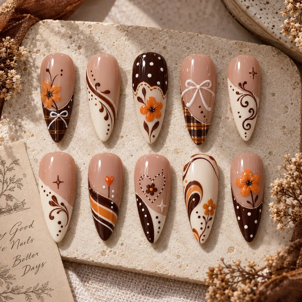 Orange Floral Plaid 3D Bow Press On Nails — image 2