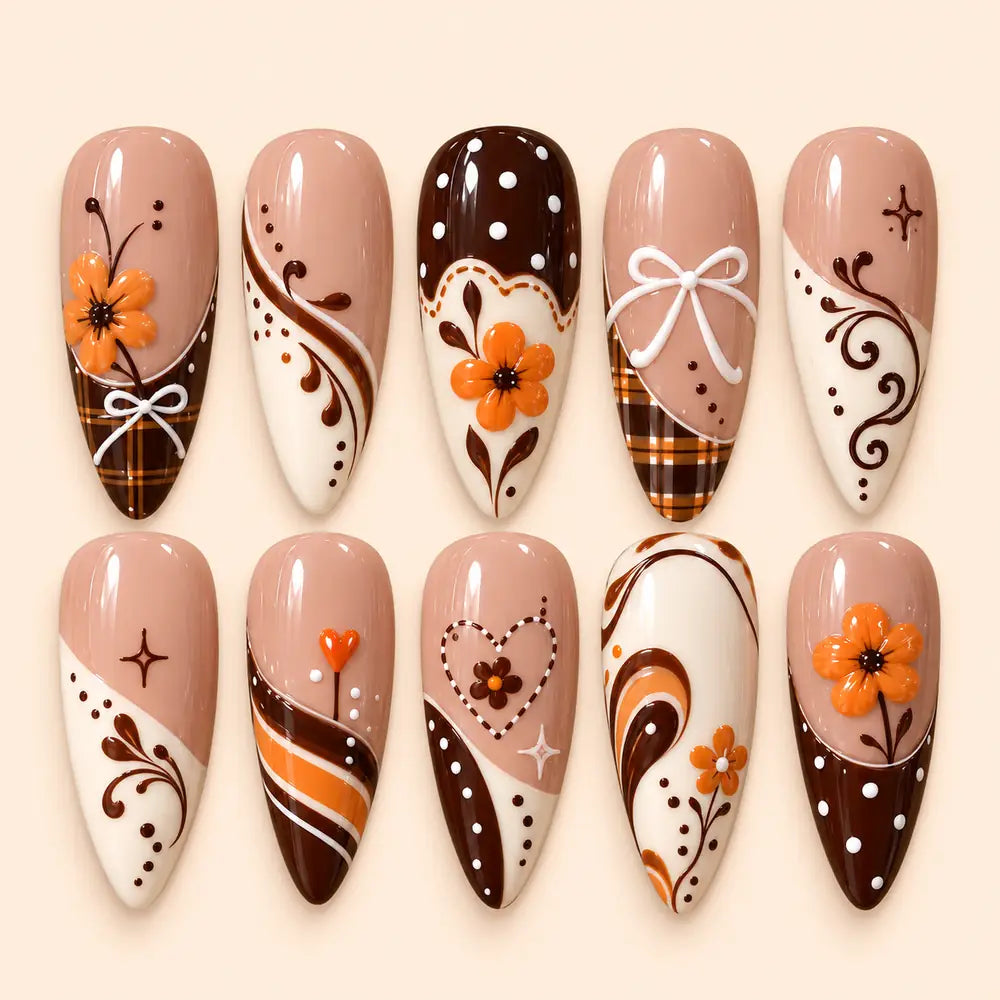 Orange Floral Plaid 3D Bow Press On Nails — image 1