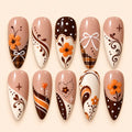 Orange Floral Plaid 3D Bow Press On Nails — image 1