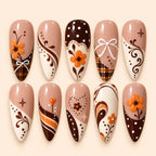 Orange Floral Plaid 3D Bow Press On Nails — image 1