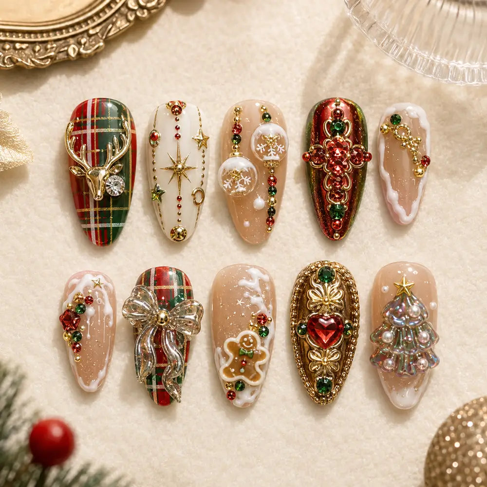 Ornate Christmas Plaid 3D Rhinestone Press On Nails — image 2