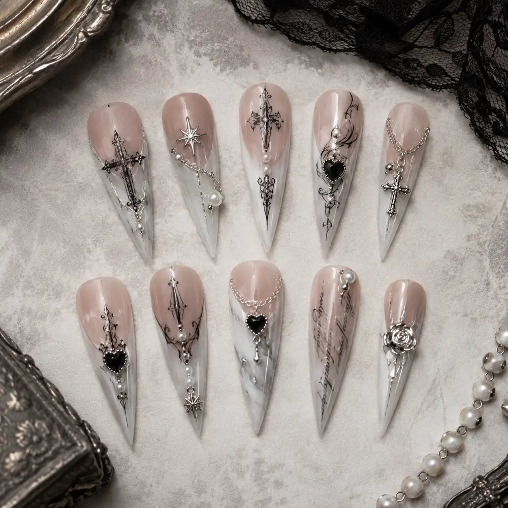 Ornate Cross and Black Heart Stiletto Press On Nails — image 2