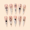 Ornate Cross and Black Heart Stiletto Press On Nails — image 1