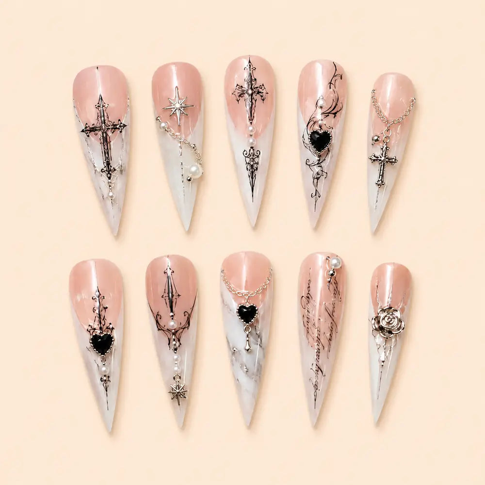 Ornate Cross and Black Heart Stiletto Press On Nails — image 1