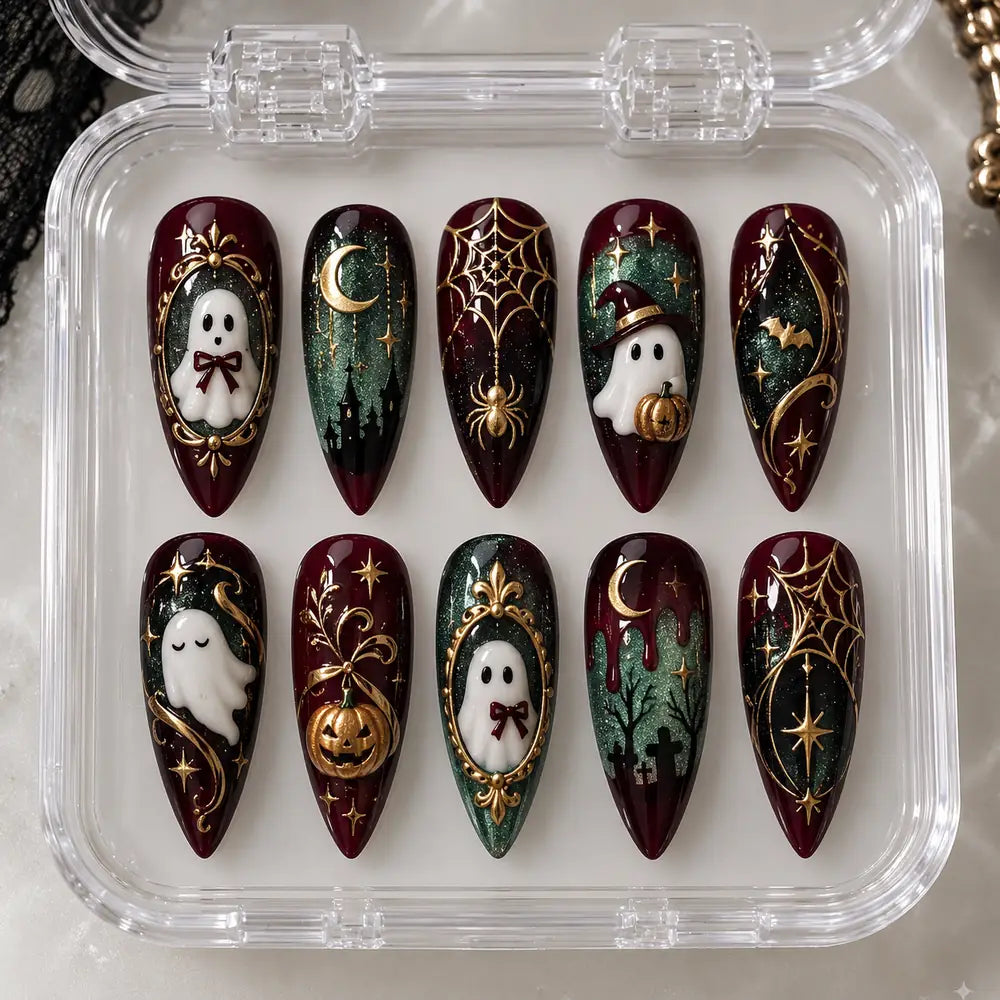 Ornate Ghost & Pumpkin Halloween 3D Glitter Press On Nails — image 2