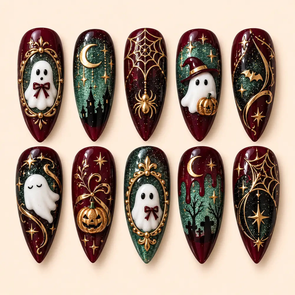 Ornate Ghost & Pumpkin Halloween 3D Glitter Press On Nails — image 1