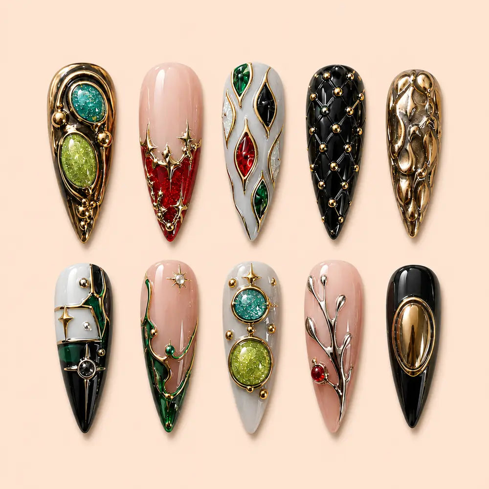 Ornate Jewel-Tone Chrome 3D Press On Nails — image 1
