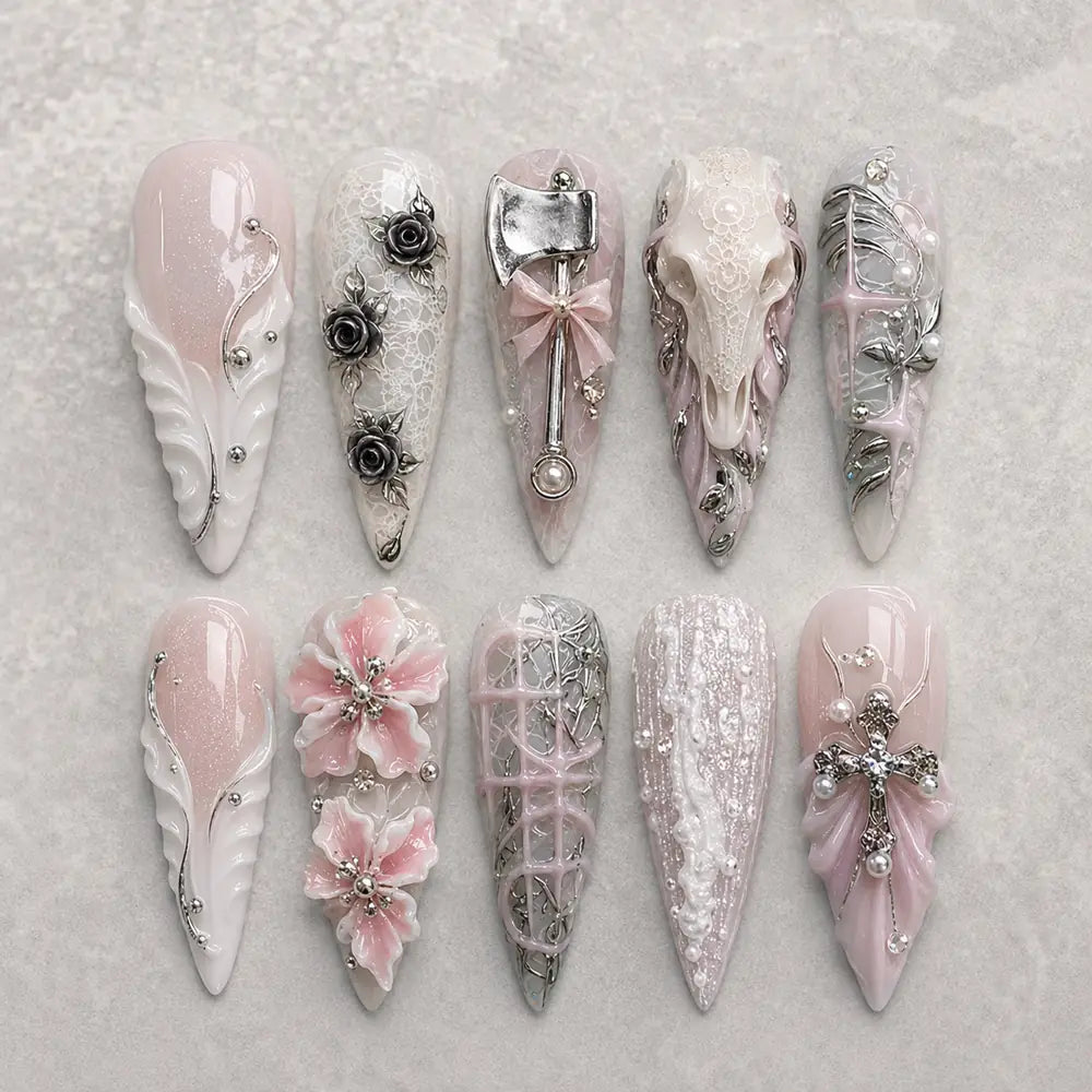Ornate Pink Cross and Rose 3D Press On Nails — image 2